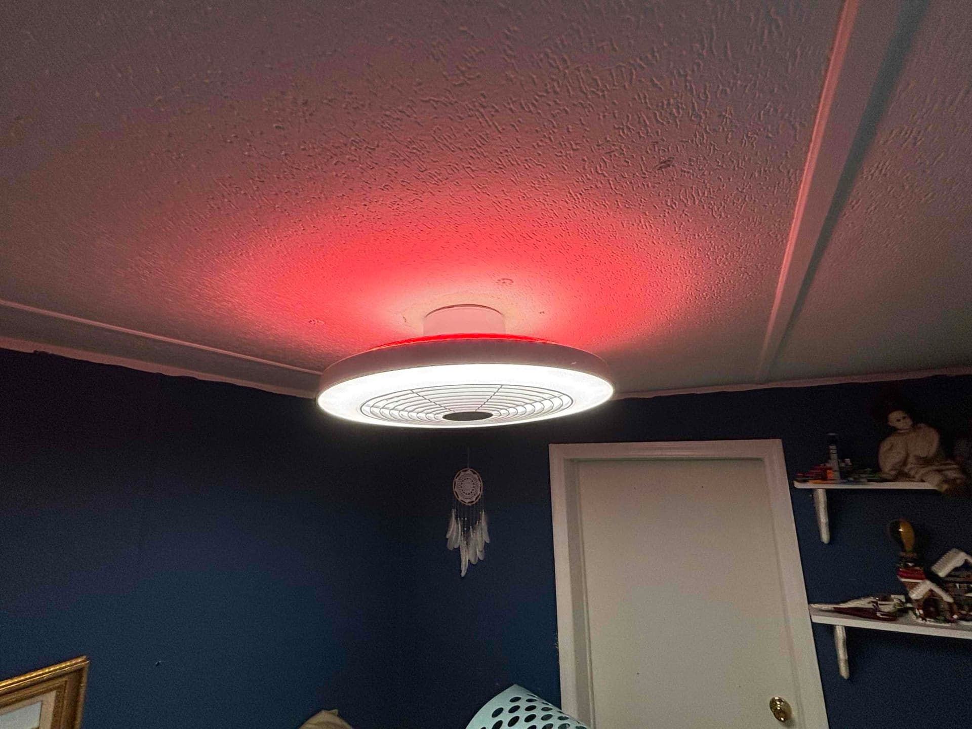 Flush-Mount Ceiling Fan with Color-Changing LED Installed in Kid's Bedroom image